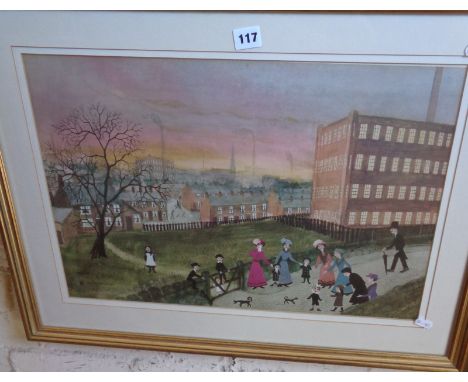 Helen BRADLEY coloured print of a townscape with figures, 53cm x 69cm including frame