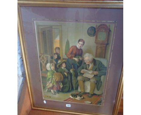 Framed Victorian coloured print of an interior family scene, titled verso 'Unexpected Visitor'