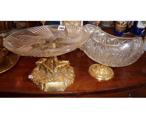 Cut-glass table centrepiece with gilt metal hunting dog scene under and another similar