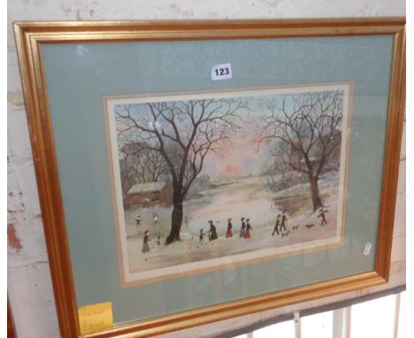 Signed Helen BRADLEY coloured print of figures in a winter scene by the village pond
