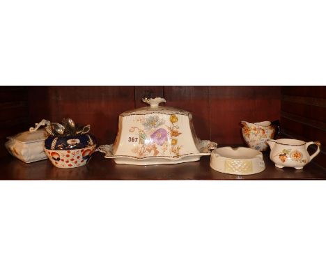 Victorian transfer printed cheese dome, Belleek ashtray, souvenir spoons, chintz jug etc (one shelf)