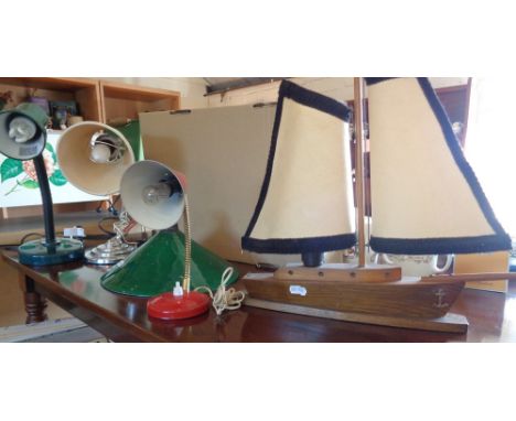 Art Deco chrome desk lamp, a 1960's wooded "yacht" table lamp and two others and a green glass shade