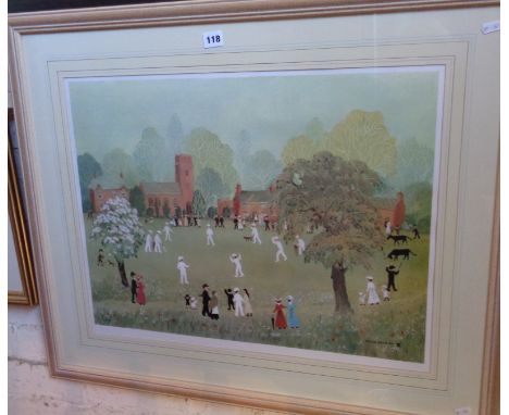 Helen BRADLEY coloured print of a cricket match, 70cm x 84cm including frame, ltd edition