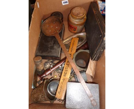 Set of spoons in case, draughtsman's tools, oriental metal pots, antique silver plate and pewter, advertising items, etc.