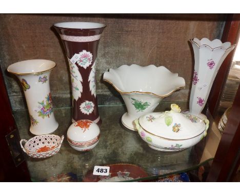 Shelf of Herend of Hungary porcelain vases, etc.