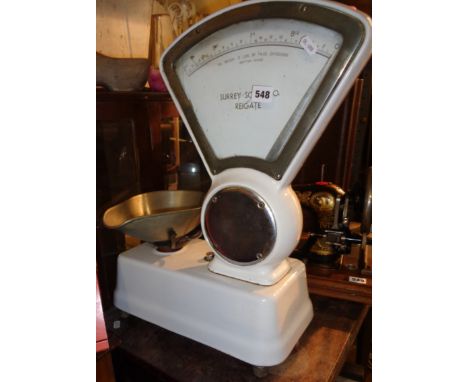 Shop scales in white enamel from The Surrey Scale Co, Reigate