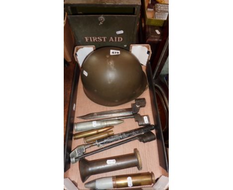 Circa WW2 militaria items inc. three spike bayonets, a British No.9 Mk 1 bayonet, four various cannon shells and a plastic Ar