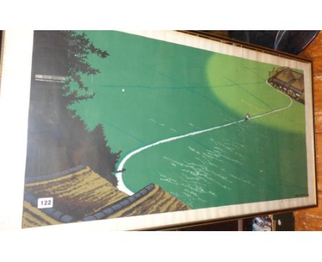 Large Japanese woodblock print, 36/50 dated 1976 of a peasant walking a path through a field by Mitsuhiro UNNO, signed and st