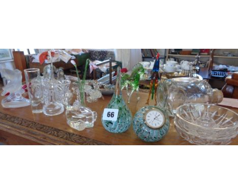 Assorted glass ornaments including Caithness clock and paperweight, smoked glass robins, a Waterford teddy bear etc