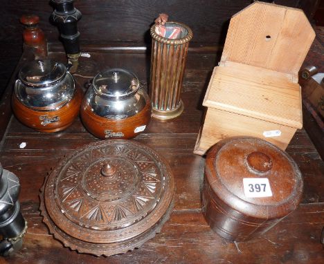 Carved boxes, tea caddy x 2 etc