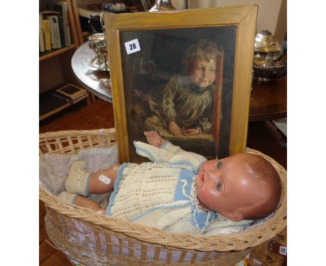 A doll by A-S Germany in a wicker cradle, and a Victorian lithograph of a child on a chair