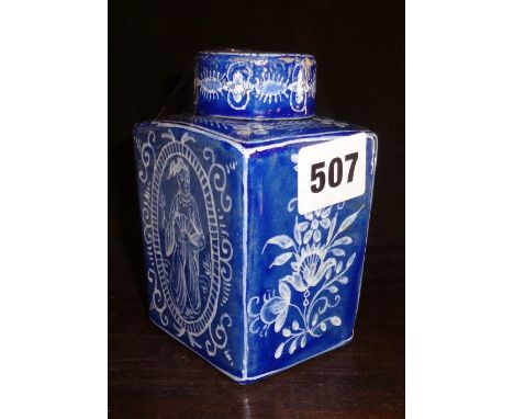 Delft blue and white Chinoiserie tea caddy decorated with oriental figures