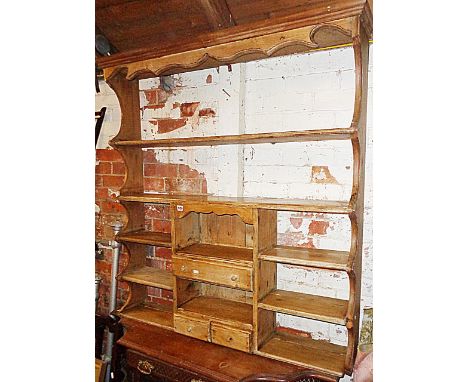 Victorian stripped pine dresser top plate rack of five shelves and three spice drawers with shaped cornice, 4' high x 45" wid