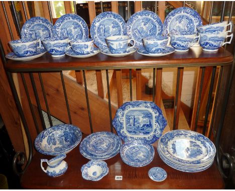 Collection of two shelves of Copeland Spode blue and white Italian cups, saucers, plates and dishes