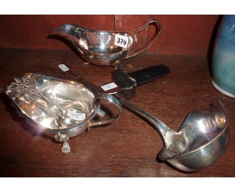 Silver plate sauceboats, ladle, set of ornamental spoons etc
