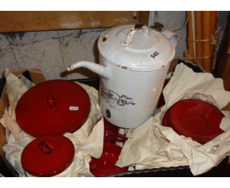 Villeroy &amp; Boch red glazed dinner and tea service and an old French white enamel 'Petrole' can