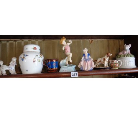 China figure of a pointer dog, another figure of a poodle, a Coalport ginger jar, a lustre mug, a Royal Worcester figure, 'Ju