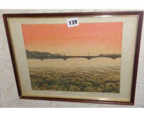 Japanese woodblock print 7/100, signed by Tokio MIYASHITA (b. 1930) of a bridge with train plate size 22cm x 27cm
