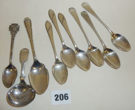 Six hallmarked silver teaspoons and three others including a plated tea caddy spoon