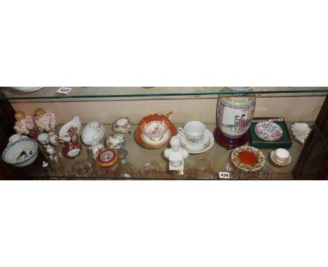 Shelf of miniature floral china items including Limoges, Chinese vases etc