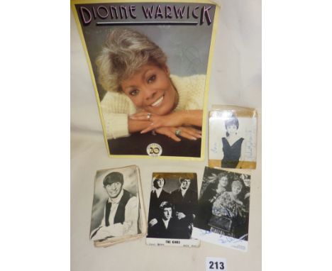 Good lot of 1960's rock and pop autographs including Eric Clapton and The Yardbirds, Dionne Warwick x 2, P J Proby, Herman's 