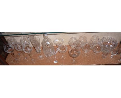 Shelf of good quality vintage glassware, champagne coupes, decanter, engraved wine glasses etc