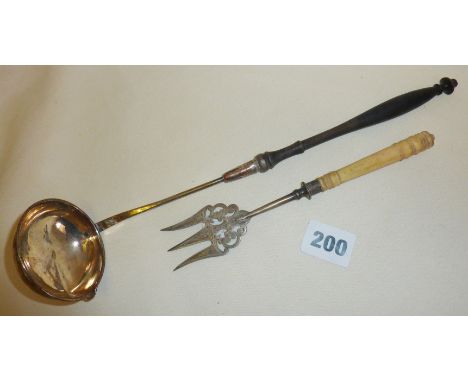 Georgian plated toddy ladle and an ornate antique bread fork