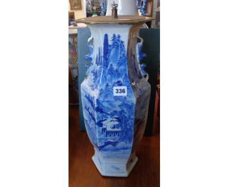 Chinese blue and white hexagonal vase lamp base (chipped handles), 45cms