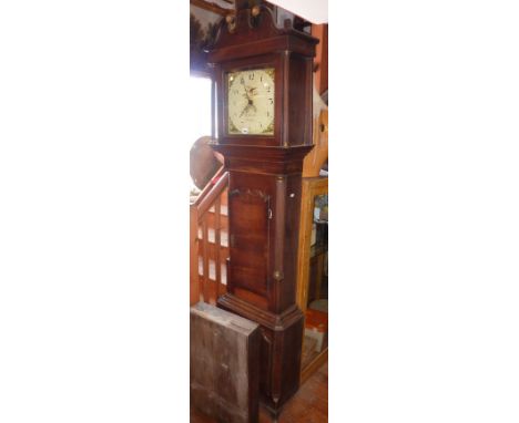 19th c. 30 hour oak grandfather clock by H. Rowley of Shrewsbury with painted dial and date chapter ring having swan necked p