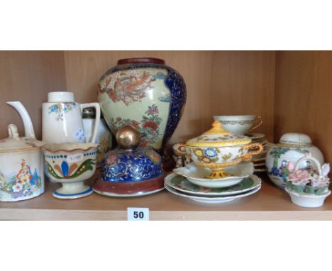 Shelf of assorted china including a Japanese Satsuma lidded vase, 38cm