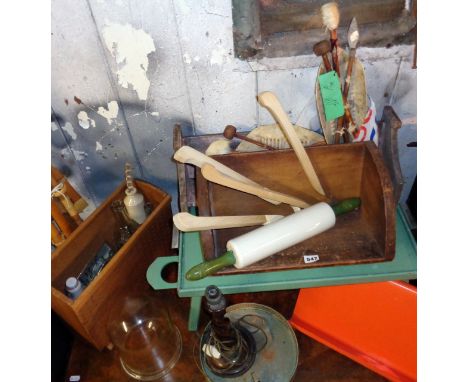 Miscellaneous items including bookracks, barley-twist lamp, trays, bottles etc
