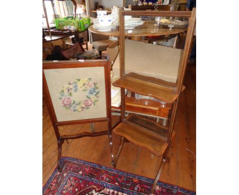 Edwardian mahogany-framed tapestry firescreen with shelf, and a Victorian crossbanded mahogany glazed screen with four shaped