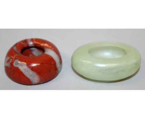 A SMALL CHINESE CELADON JADE-LIKE OVAL BOWL, 2.75in wide & 1.2in high; together with a small agate-style brushwasher, 2.3in d