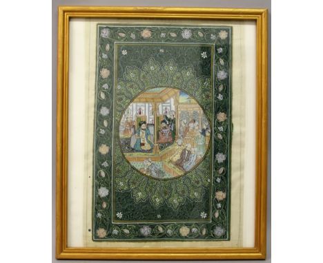 A 20TH CENTURY FRAMED PERSIAN PAINTING ON PAPER, the centre with a circular panel of a potentate and attendants, the panel re