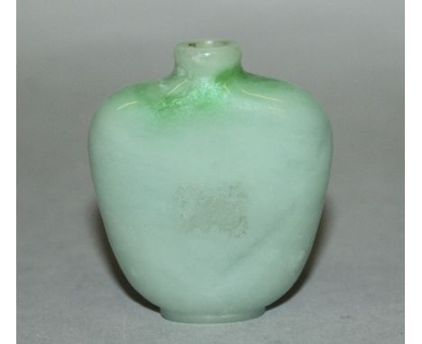 A GOOD QUALITY 19TH CENTURY CHINESE CELADON & APPLE-GREEN JADE SNUFF BOTTLE, of flattened high-shouldered ovoid form, the mai