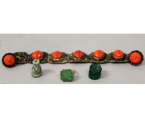 A CHINESE ENAMELLED METAL BRACELET, with coral-style insets, 7.25in long; together with a pair of matching earrings; a ring w