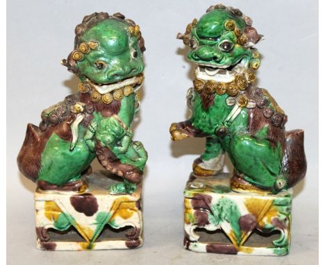 A PAIR OF CHINESE KANGXI PERIOD FAMILLE VERTE BISCUIT GLAZED MODELS OF BUDDHISTIC LIONS, circa 1700, each seated on a rectang