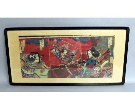 A FRAMED 19TH CENTURY JAPANESE OBAN TRIPTYCH WOODBLOCK PRINT, depicting battling samurai, the frame 35.75in x 18in.
