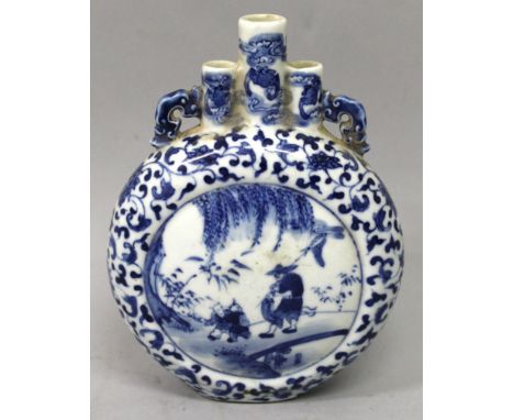 A SMALL CHINESE BLUE & WHITE PORCELAIN MOON FLASK, with triple neck, the sides decorated with panels of a sage and boy attend