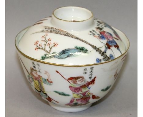 A GOOD QUALITY 19TH CENTURY CHINESE FAMILLE ROSE TEABOWL & COVER, each piece well painted with calligraphy and legendary figu