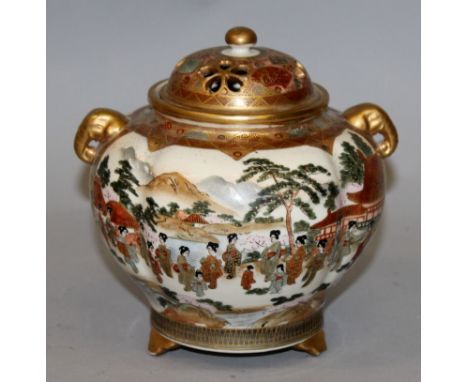 AN EARLY 20TH CENTURY SIGNED JAPANESE SATSUMA EARTHENWARE TRIPOD KORO & COVER, painted with a panel of sennin and a panel of 