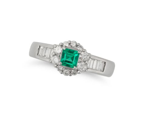 AN EMERALD AND DIAMOND CLUSTER RING in platinum, set with a square step cut emerald in a cluster of round brilliant cut diamo