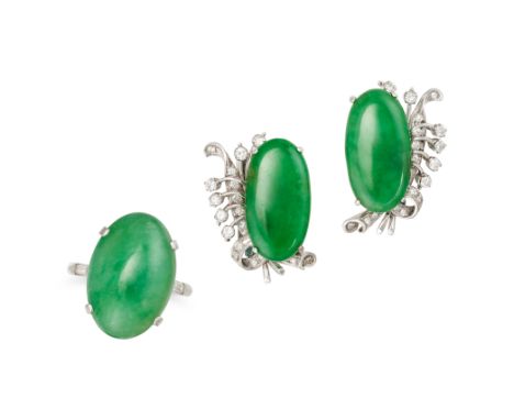 A VINTAGE JADEITE JADE AND DIAMOND RING AND CLIP EARRINGS SUITE in platinum, the ring set with an oval cabochon jadeite accen