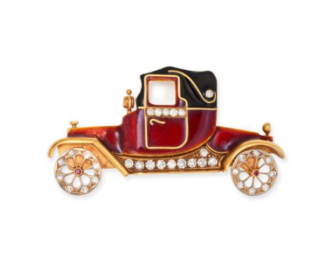 AN ENAMEL AND DIAMOND MOTORCAR BROOCH designed as an antique motorcar set with single cut diamonds and relieved in red and bl