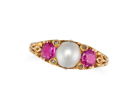 A NATURAL SALTWATER PEARL, BURMA NO HEAT RUBY AND DIAMOND RING in yellow gold, set with a pearl of 6.4mm accented on each sid