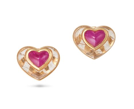 MARINA B, A PAIR OF RUBY AND RUTILATED QUARTZ HEART CLIP EARRINGS each set with a heart shaped cabochon ruby in a border of p