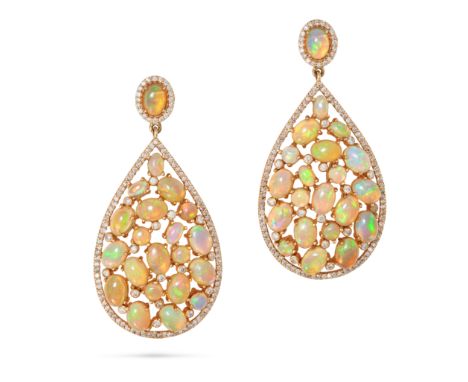 A PAIR OF OPAL AND DIAMOND DROP EARRINGS each comprising an oval cabochon opal in a border of round cut diamonds, suspending 