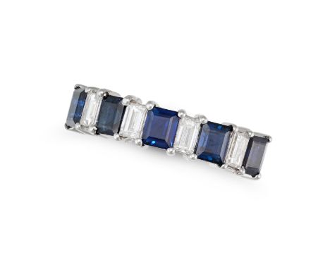 A SAPPHIRE AND DIAMOND HALF ETERNITY RING in 18ct white gold, half set with a row of alternating rectangular step cut sapphir