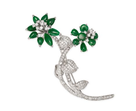 A JADEITE JADE AND DIAMOND FLOWER BROOCH designed as two flowers set with round and pear shaped cabochon jadeite jades, accen