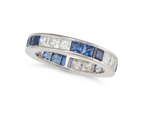 A SAPPHIRE AND DIAMOND ETERNITY RING set all around with alternating trios of square step cut sapphires and princess cut diam